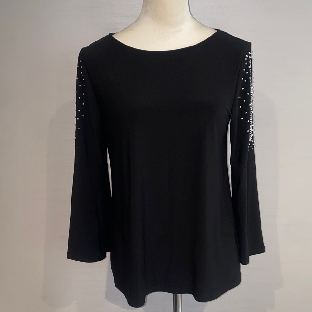 Chic Black long sleeve Women's Blouse with Embellished Sleeves size M